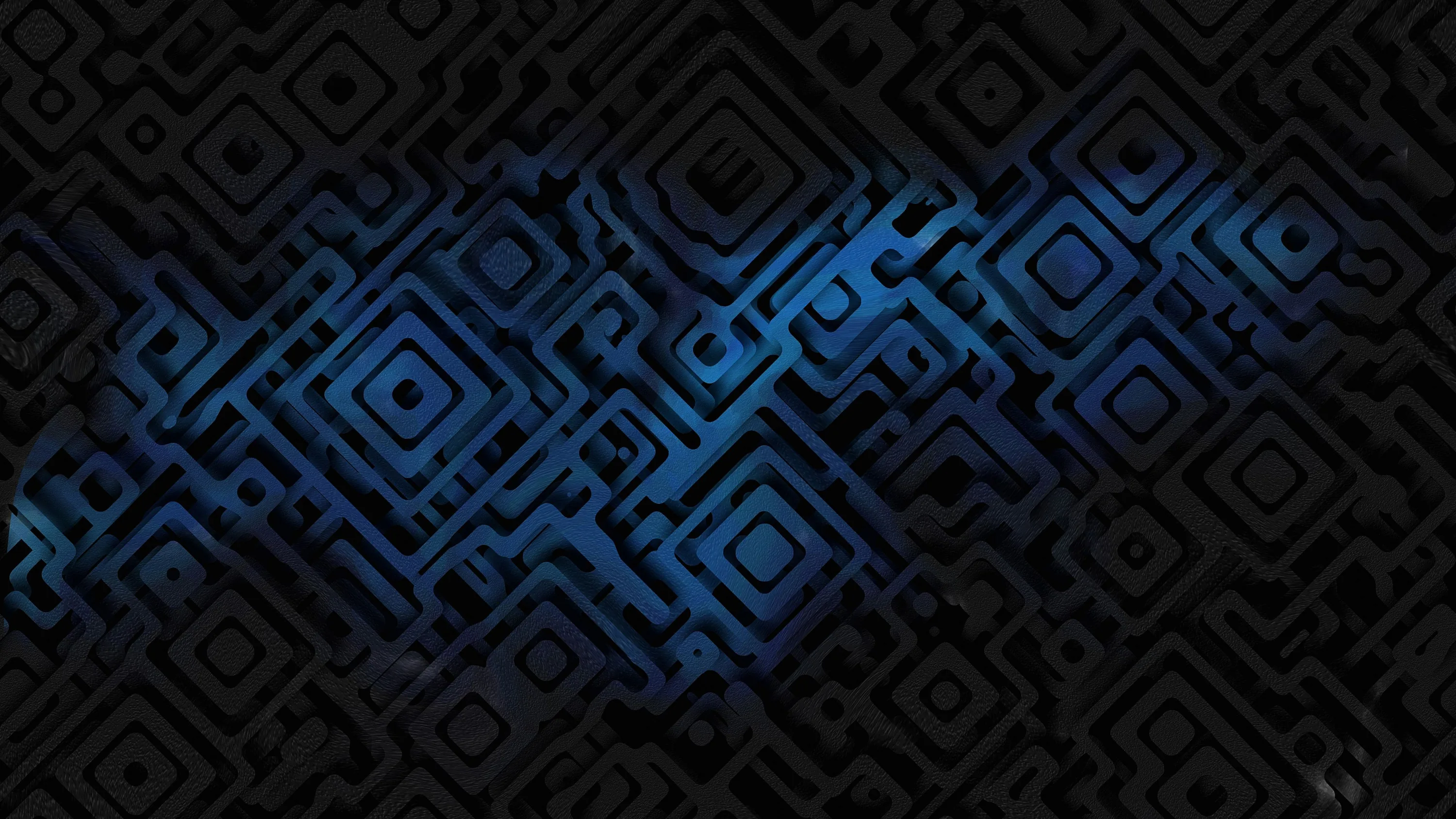 Embossed maze blocks of concentric squares sit in near-black charcoal, an electric blue glow breaking through left of top centre while the bottom third stays matte dark.
