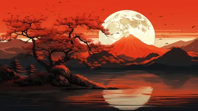 Moonrise over a Red Mountain Lake HD Wallpaper
