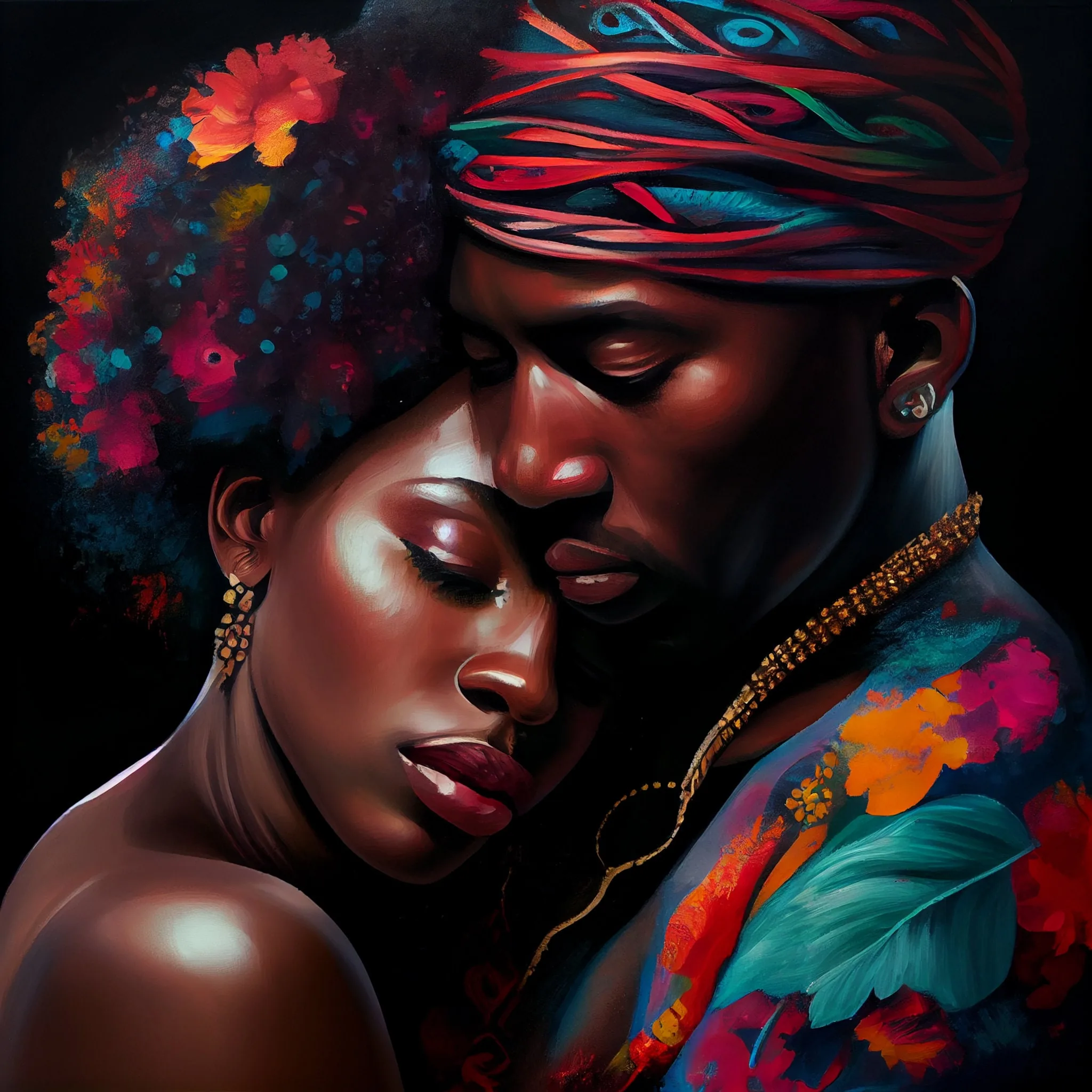 An oil-style portrait of a couple with eyes closed, flowers packed into her hair and a red striped headwrap and floral jacket on him, the background left in flat black.