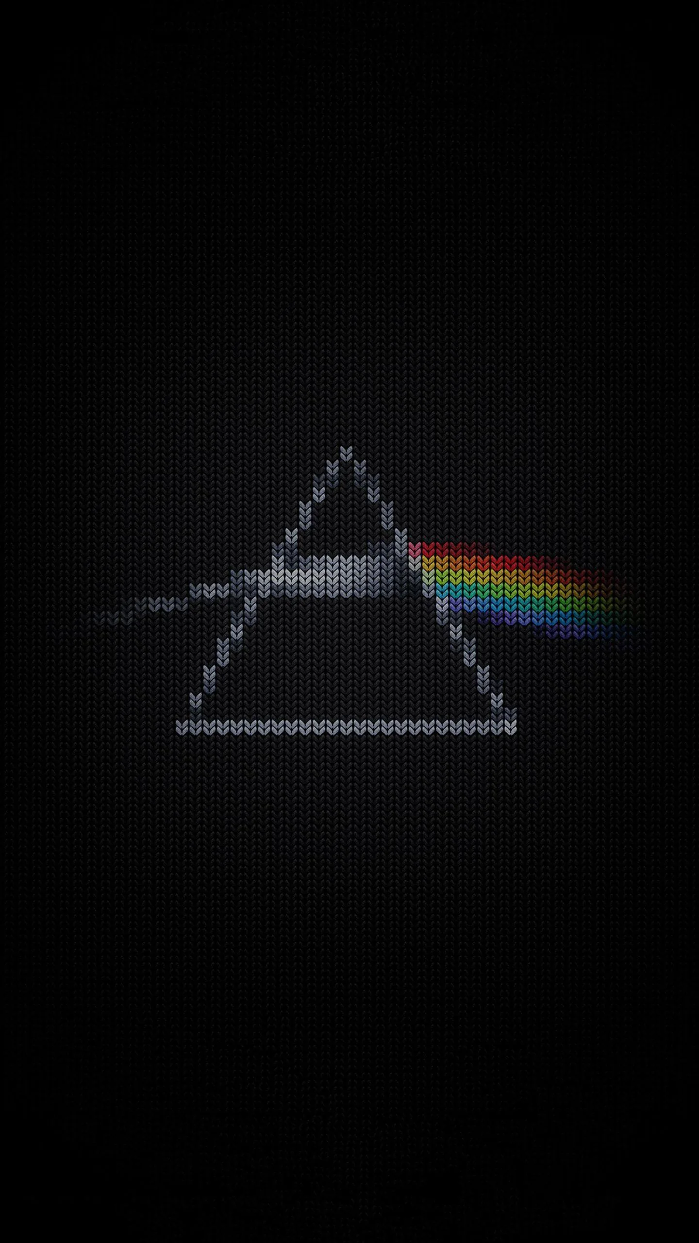 A triangle built from square pixels catches a white beam from the left and throws it out as a stepped rainbow on the right.