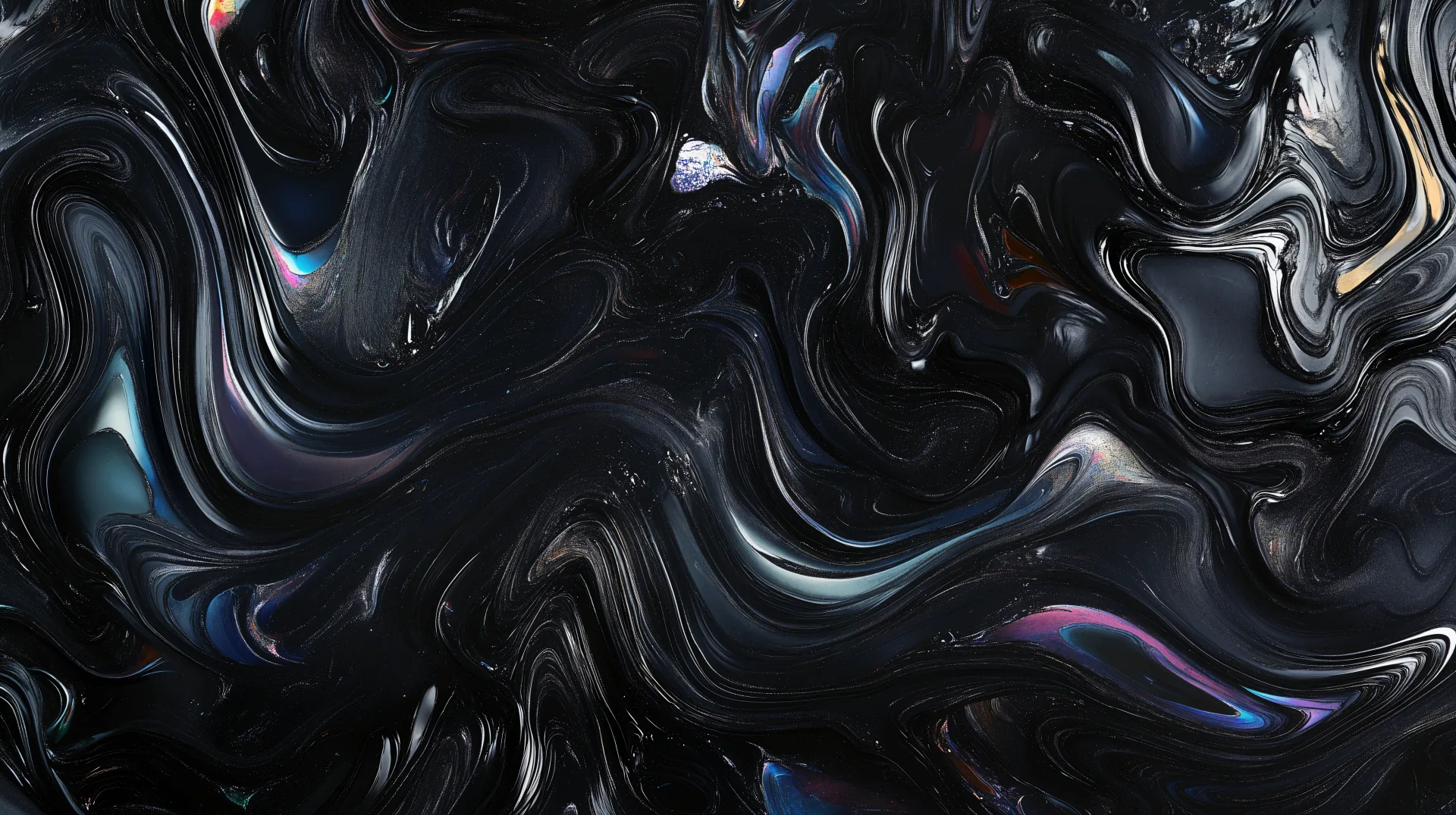 Poured dark paint swirls with streaks of blue, violet and silver, the surface glossy enough to mirror the light along each curl.
