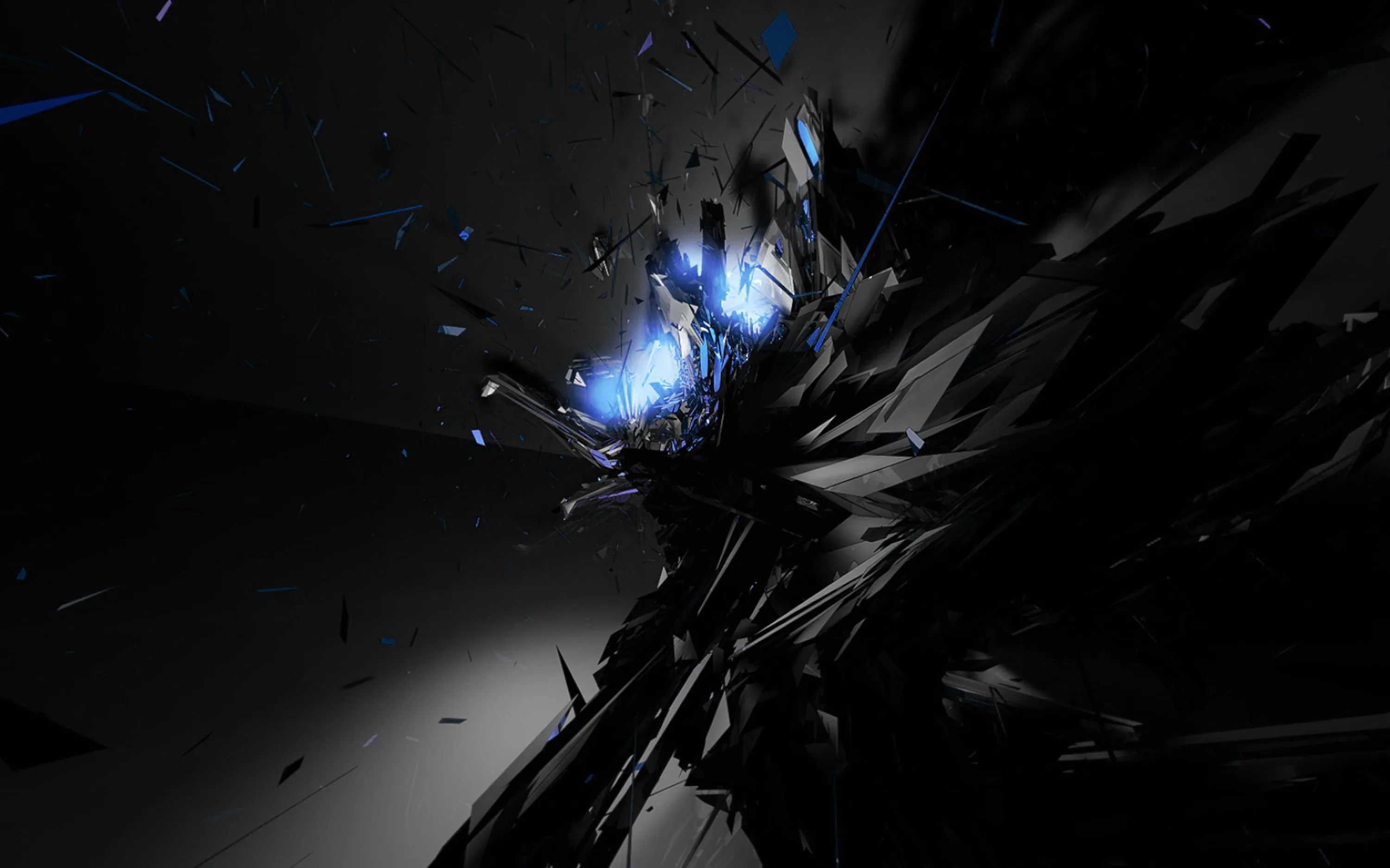 A 3D render of black shards bursting outward from a cold blue core, set against a plain grey wall that keeps the right half quiet.