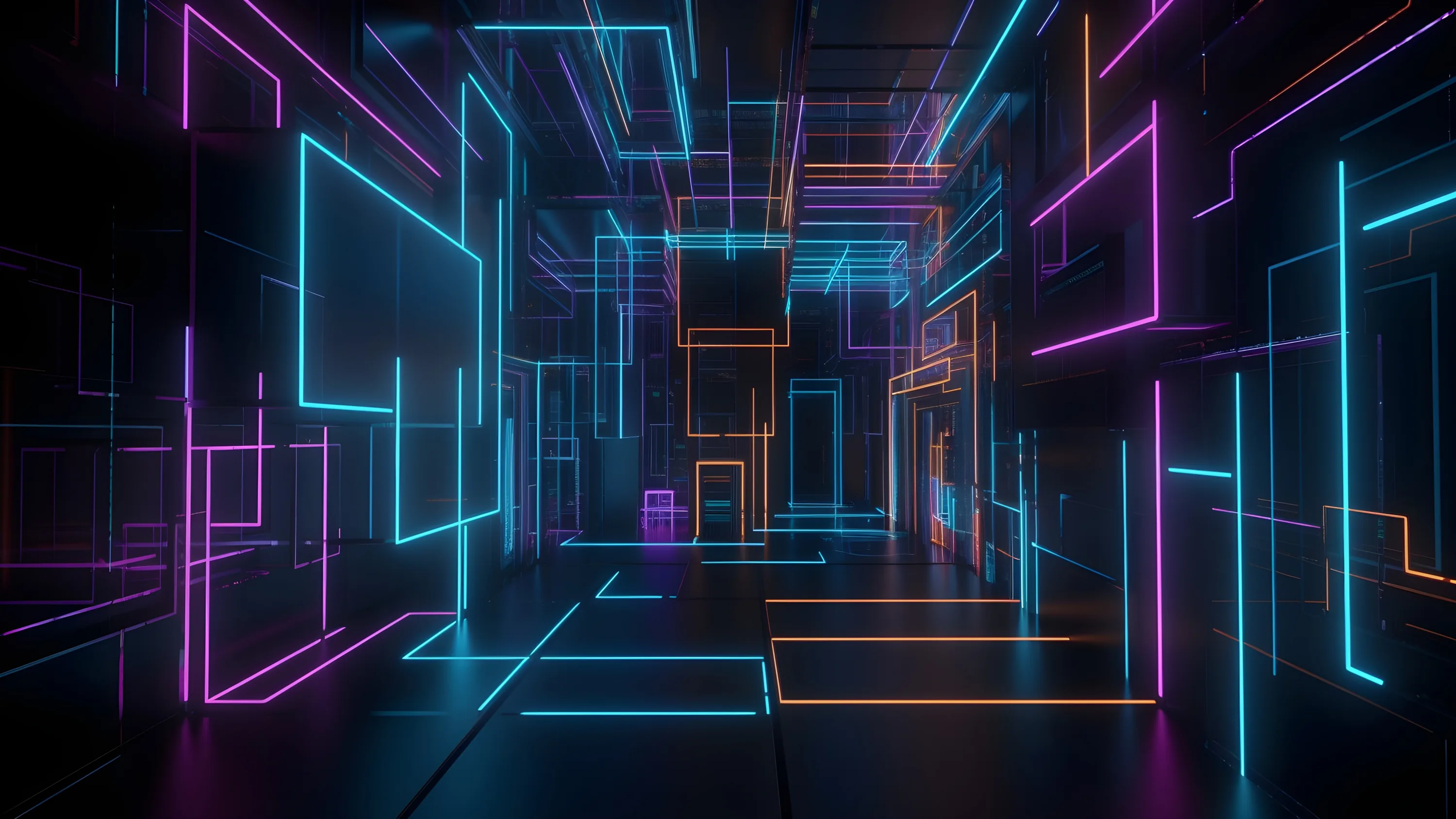 Cyan, orange and violet strips follow the edges of black corridors and panels in a 3D render, most of the frame staying dark enough for a desktop taskbar.