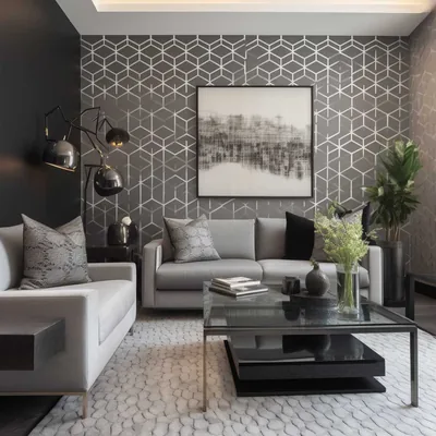 Modern Living Room Transformation with Black and White Geometric Wallpaper
