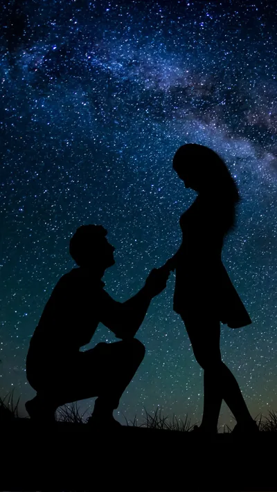 Proposal Silhouette Under Violet Stars HD Phone Wallpaper