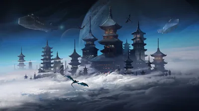 Sky Pagodas with Flying Dragon HD Wallpaper