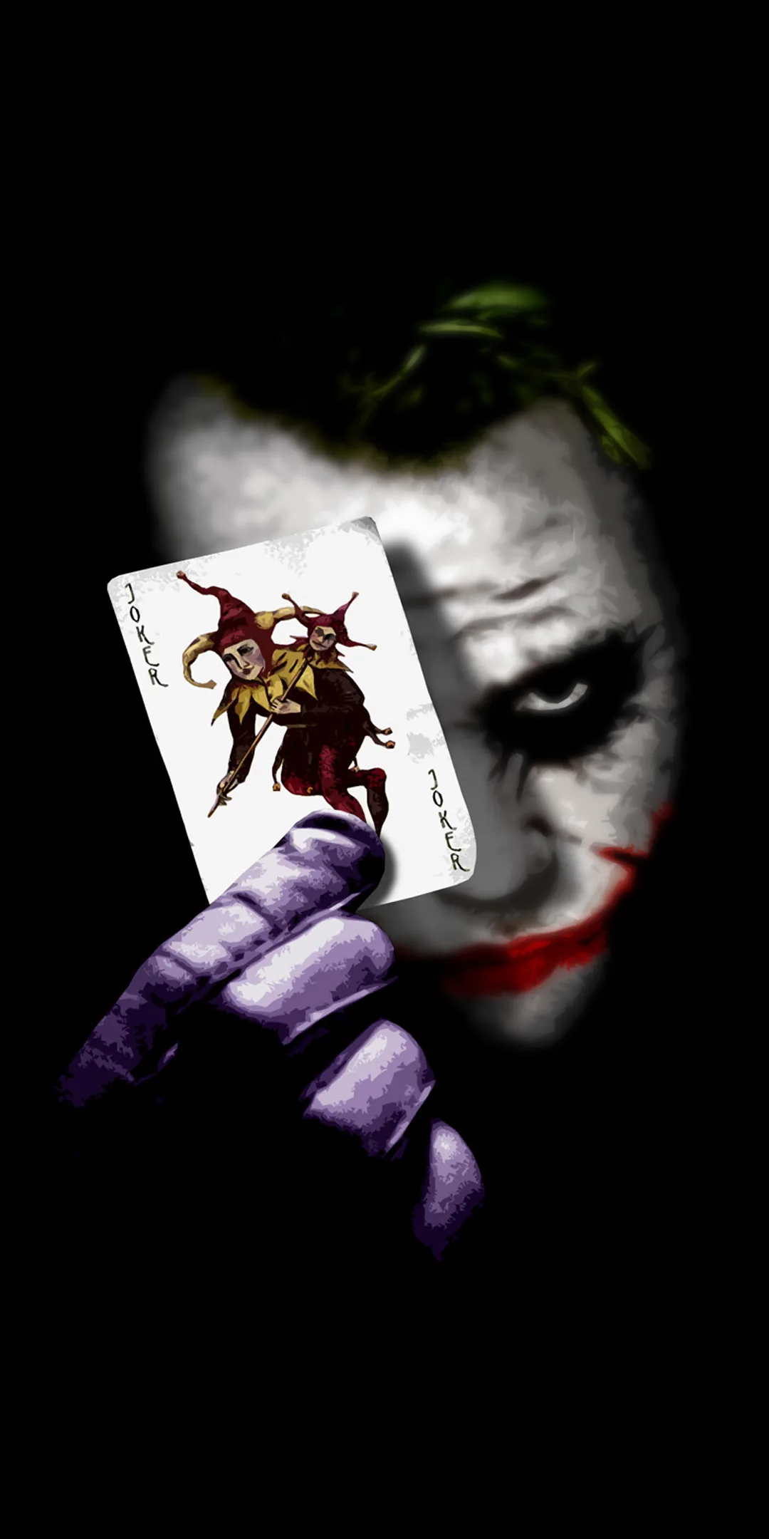 A joker playing card held in a purple glove hides half the painted face, everything outside the card and glove dropping to pure black for AMOLED.