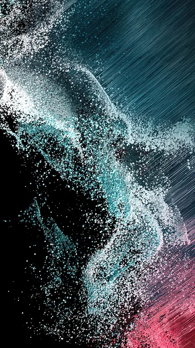White spray bursts diagonally across a rain-streaked teal field, with a red glow in the bottom-right corner and the lower left kept in plain black.