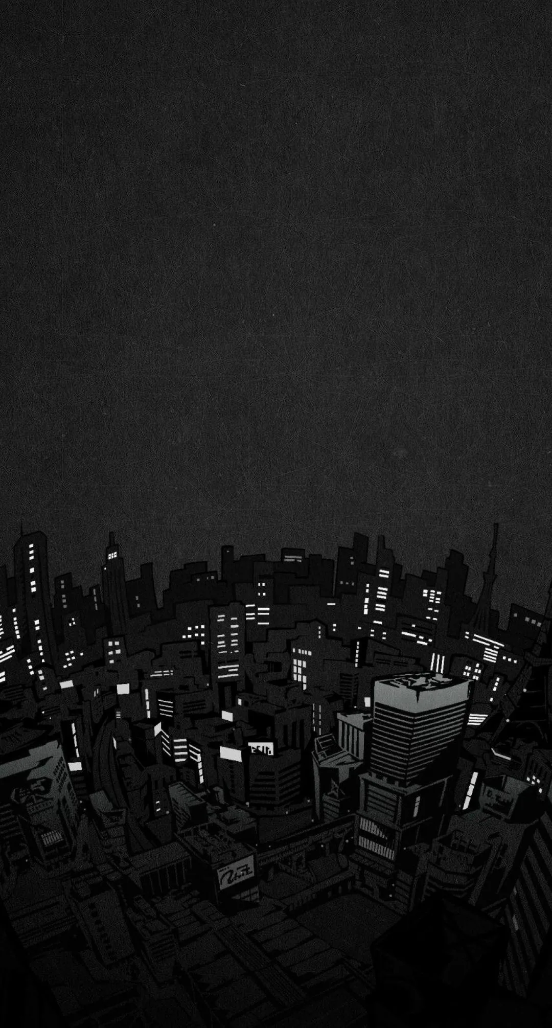 A dense grid of towers at night with only scattered window lights breaking the near-black, the upper third kept clear for the lock screen clock.
