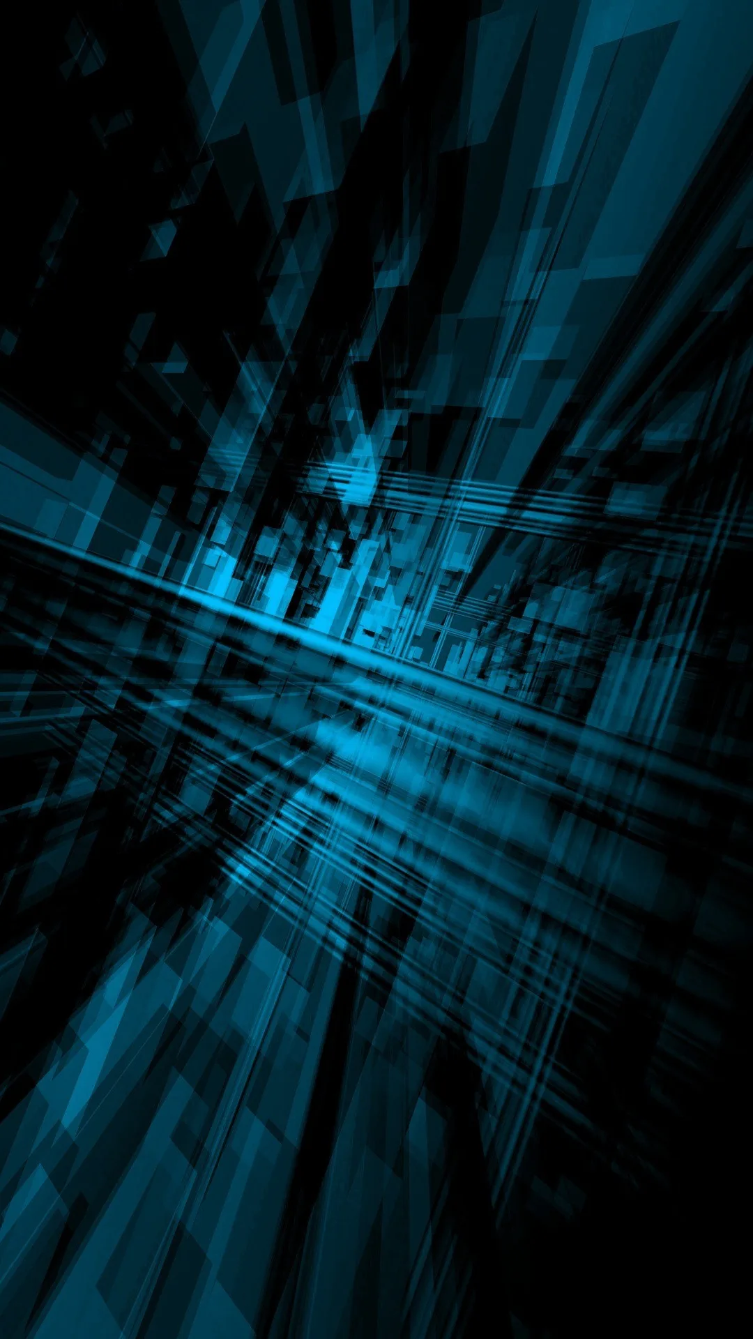 Angular glass panels and thin light streaks rush toward a vanishing point, the whole scene lit in cold cyan over black.