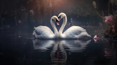 Swans and Blossom on Dark Water HD Wallpaper