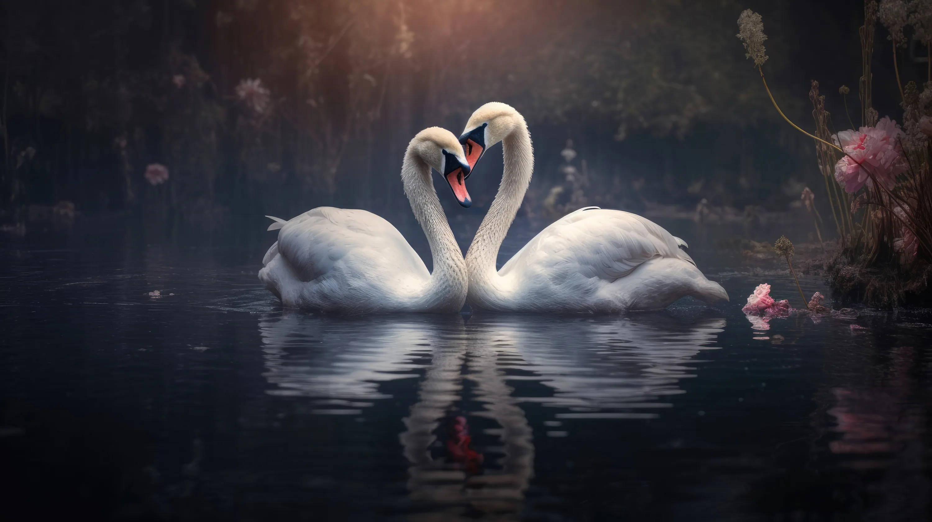 A pair of swans face each other on dark water with their necks curved into a heart, mist behind them and pink blossom hanging at the right edge.