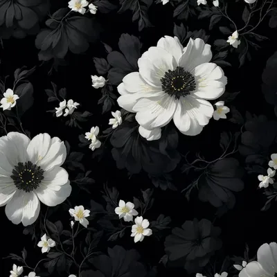 White Anemone Pattern on Black HD Wallpaper