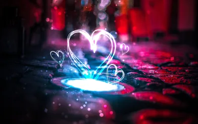 Light Painted Hearts on a Wet Street HD Wallpaper