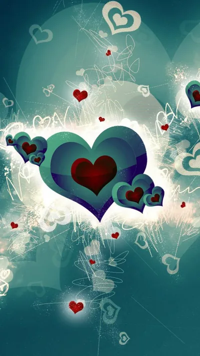 Layered Hearts on a Teal Background HD Phone Wallpaper