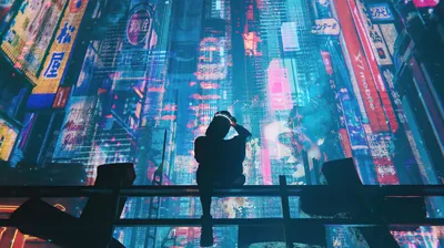 Lone Figure over a Cyberpunk City HD Wallpaper