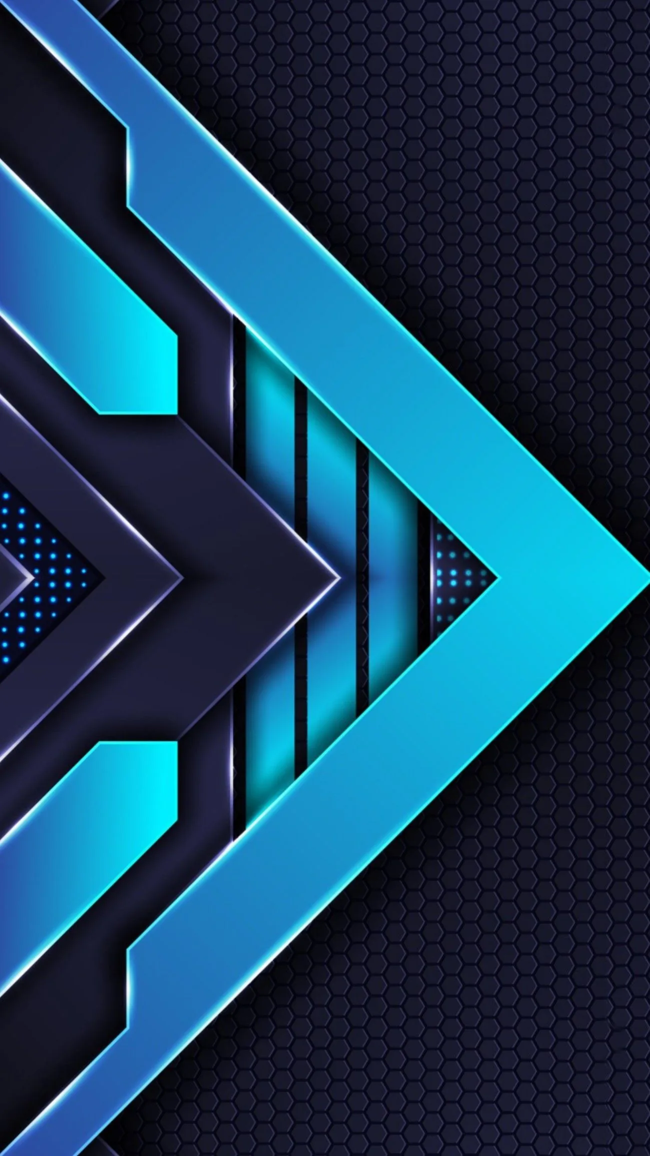 Layered metallic arrowheads point to the right in glossy teal and steel, their bevelled edges catching light against a navy background dotted like carbon mesh.