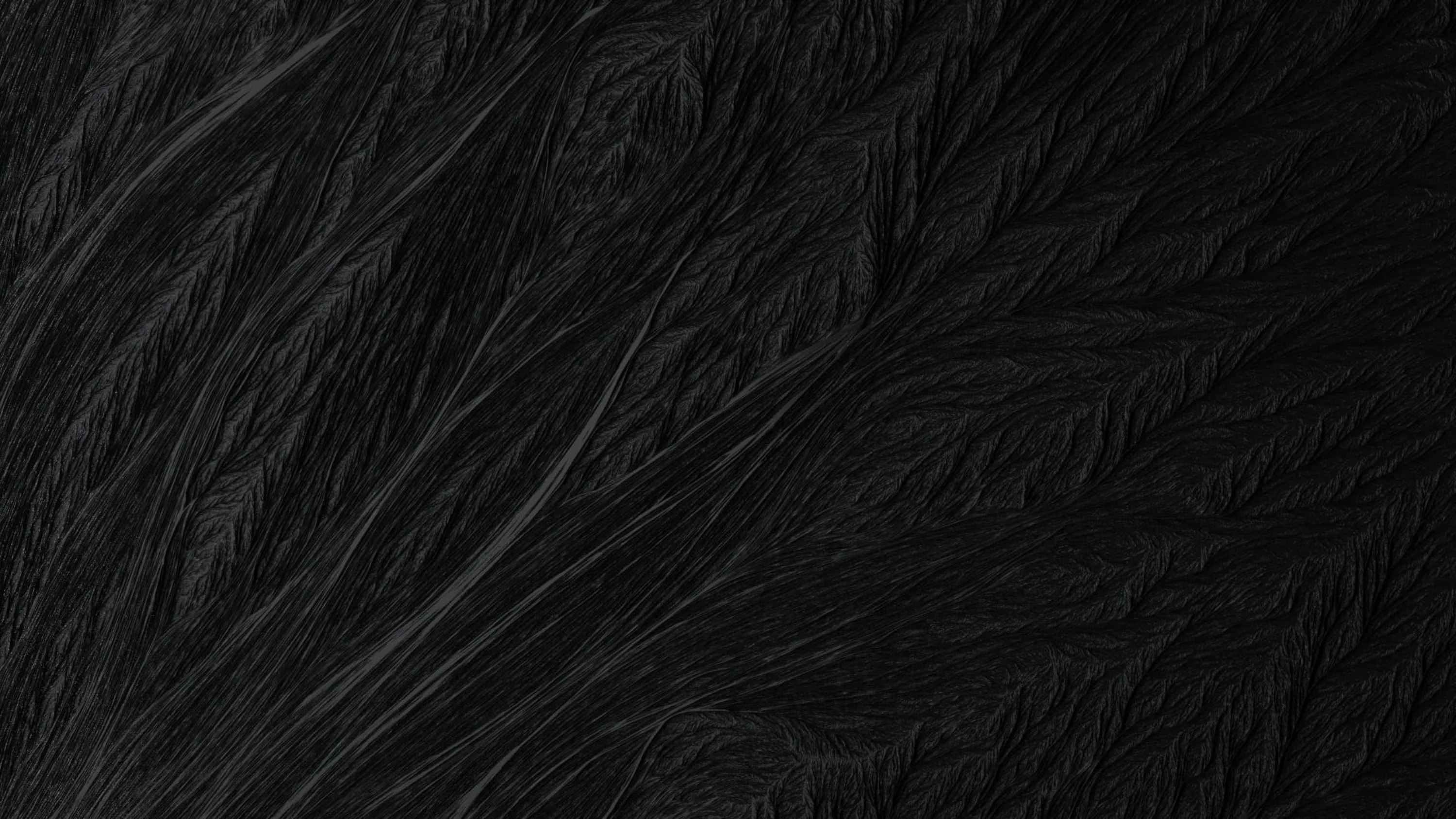 Feather-like paint strokes sweep from the upper left toward the lower right, faint grey ridges catching light while the bottom edge settles into deeper black.