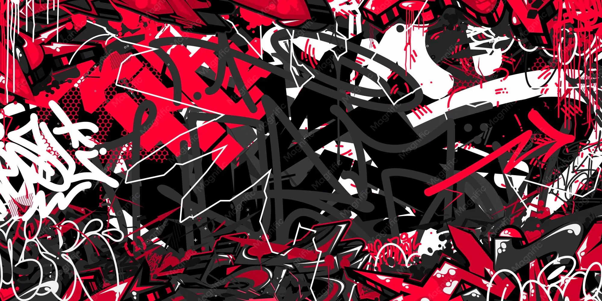 Layered spray tags in red and white cover black from edge to edge, drips running down where the paint was laid on heaviest.