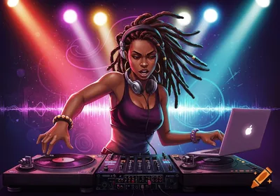 A black female DJ with dreadlocks and headphones at a soundboard