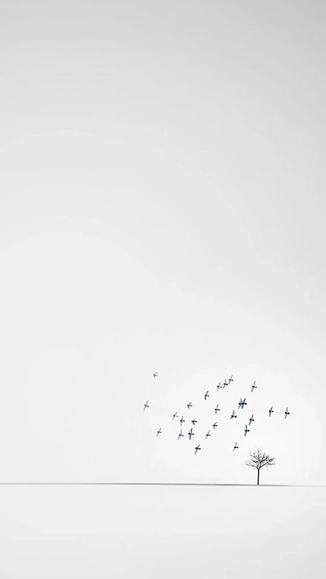 Dozens of tiny birds scatter up and to the left of a bare tree standing on a thin baseline, the whole upper field a clean off-white for dark icons.