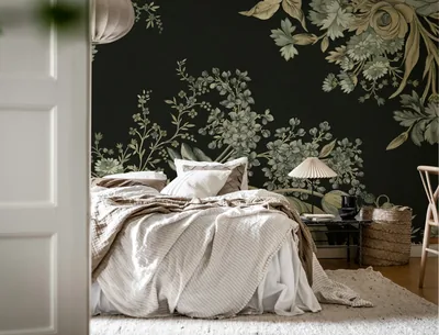 Dark Floral Mural Over a White Bed HD Wallpaper