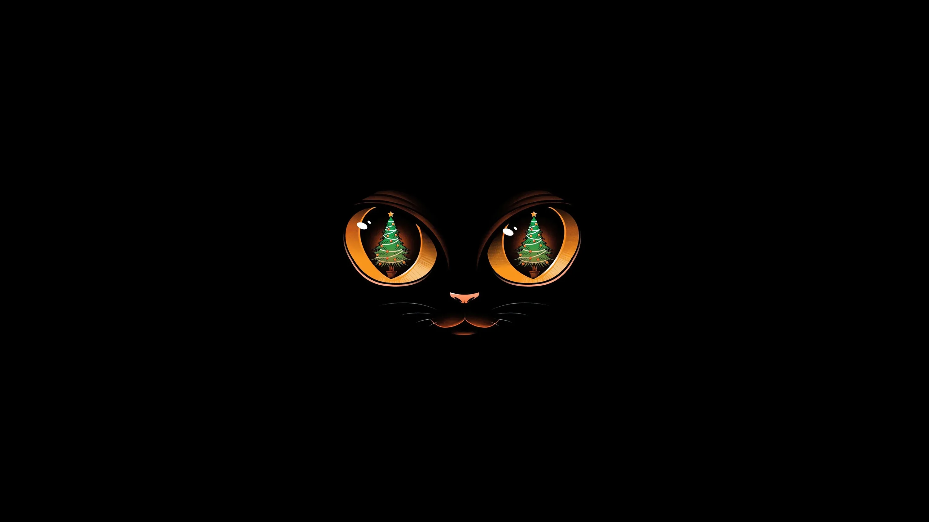 Two orange eyes float in darkness with a pine treeline mirrored in each iris, the nose and mouth suggested by the faintest grey lines.