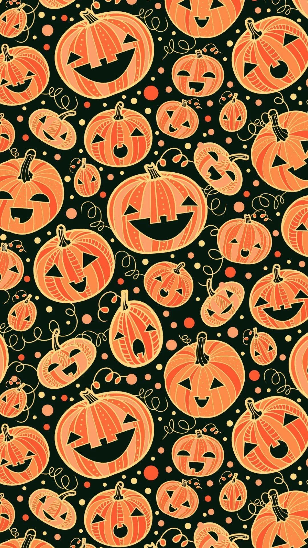 Peach-striped jack-o-lanterns of every size crowd a near-black olive ground, green squiggles curling between them; the pattern runs uninterrupted from top to bottom of the screen.