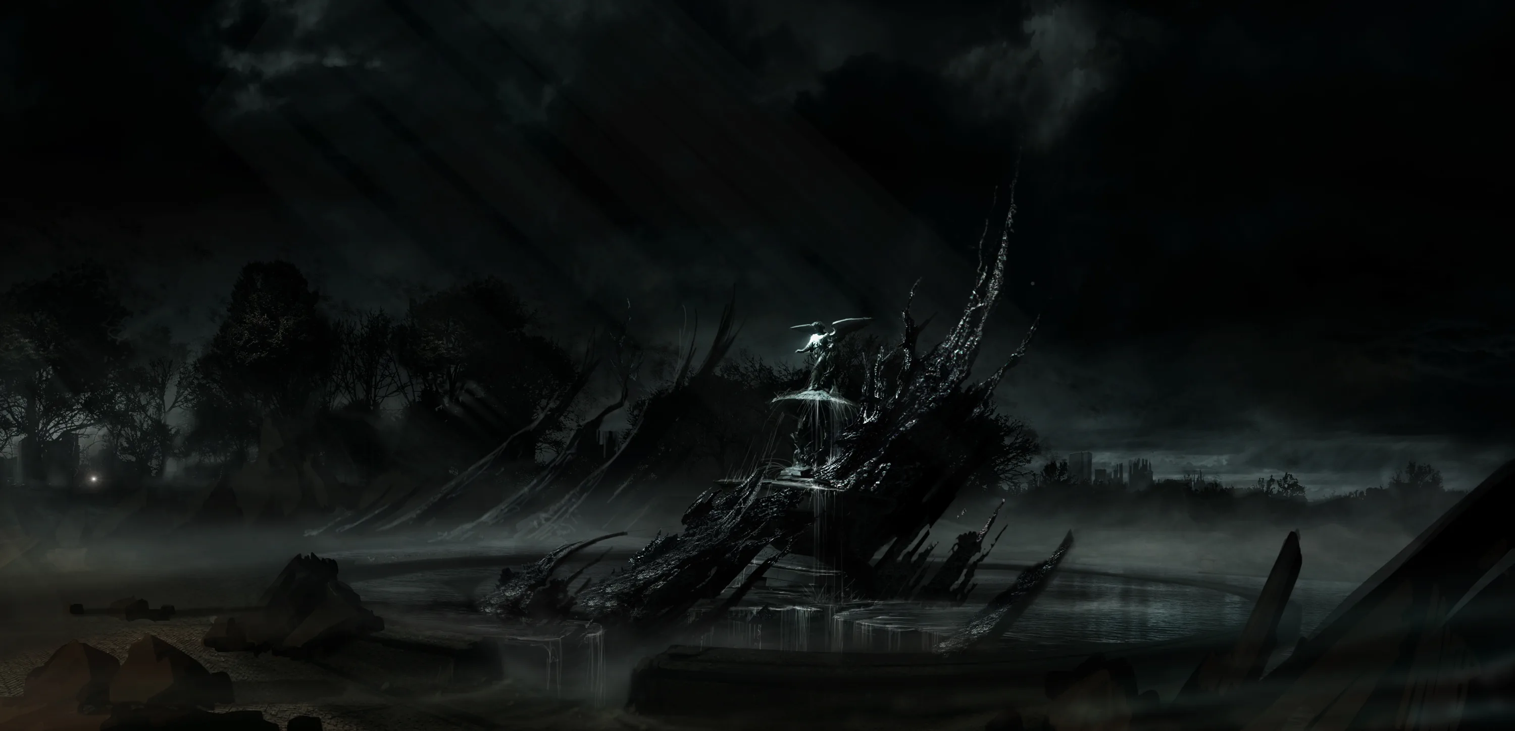 A broken tower stands in a storm-lit landscape, rain streaking down and the ground reduced to wet shadow.