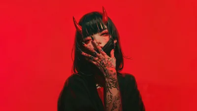 Demon Girl with Horns on Red HD Wallpaper