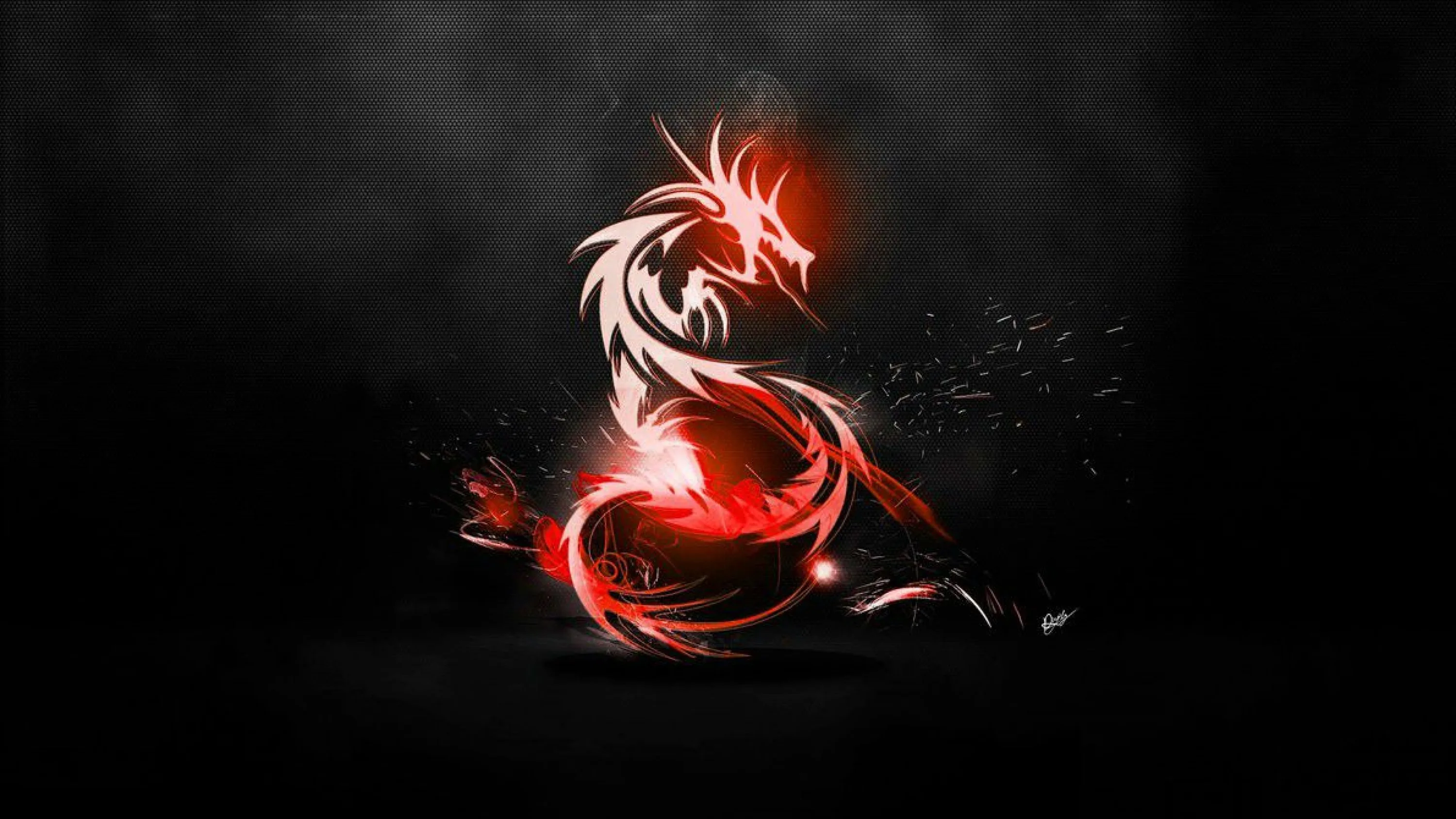 A coiled dragon drawn in glowing red and white smoke rears up on a near-black field, sparks drifting off its tail to the right.