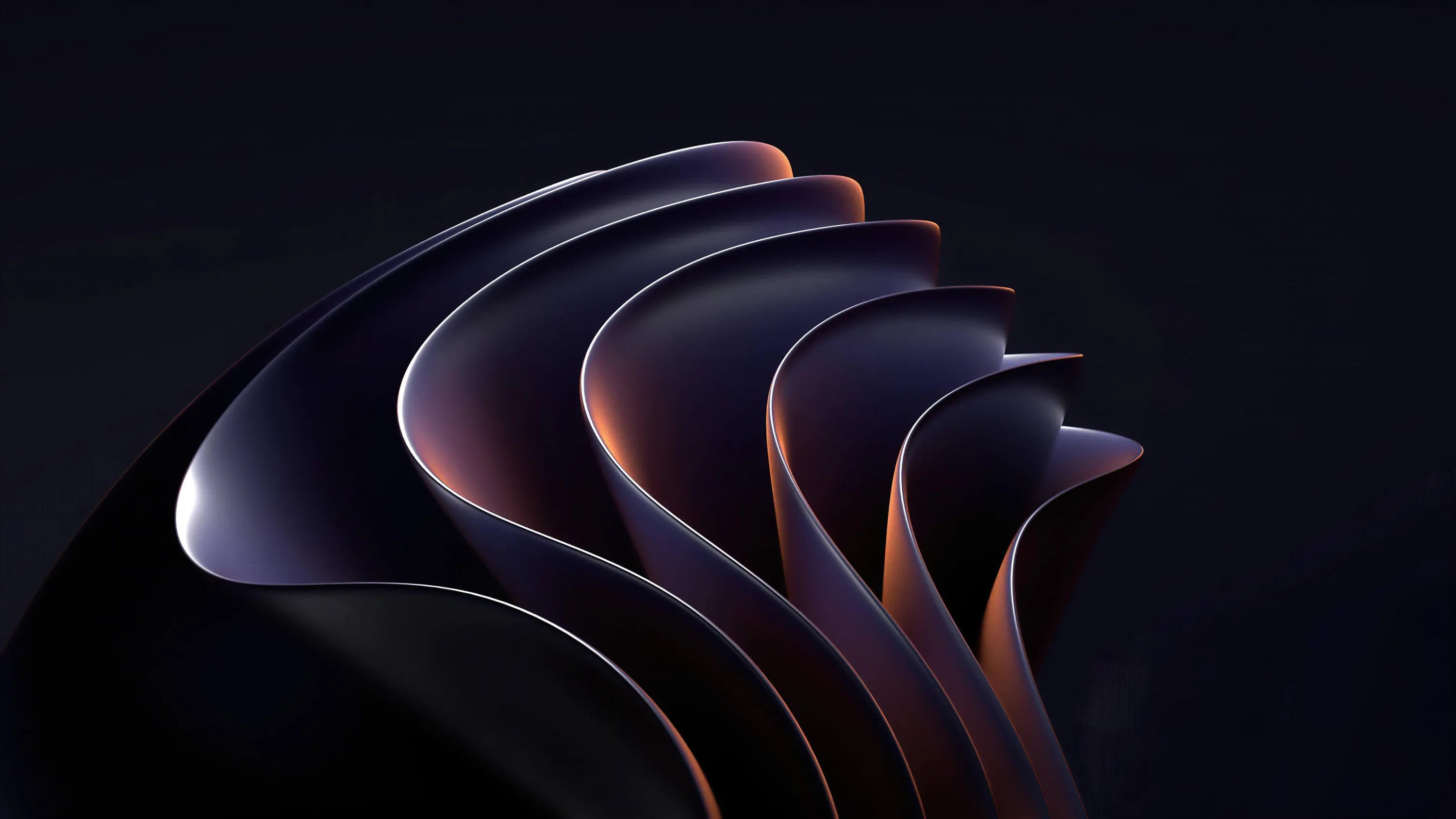 Dark ribbons fan out from the left in overlapping layers, their inner edges catching violet and copper light.