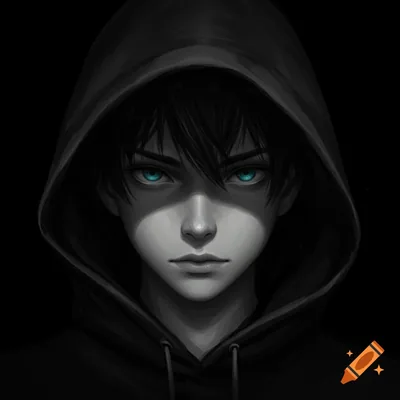 Close up of an anime boy in a black hoodie with piercing blue eyes, against a dark back