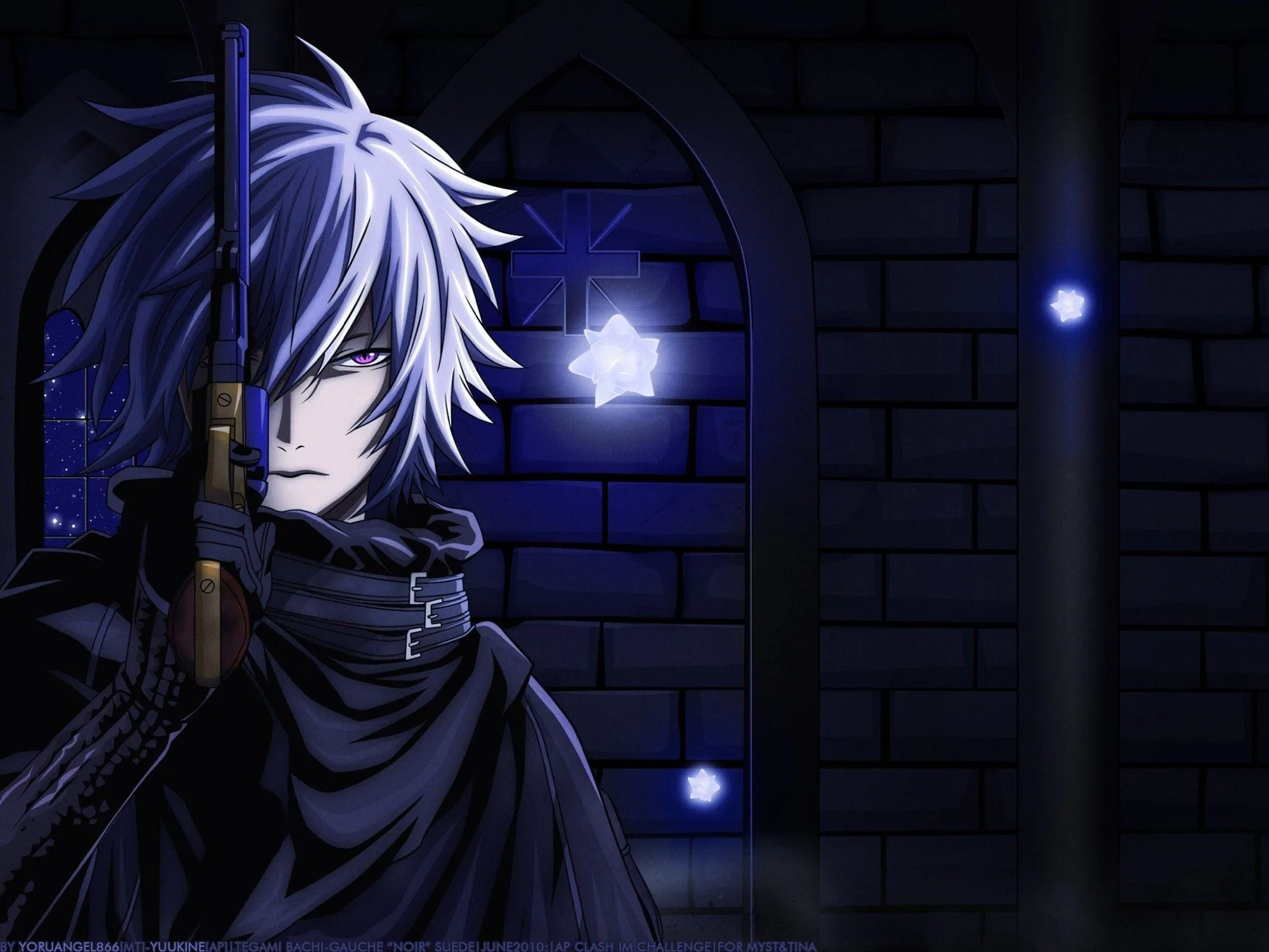 He stands in a stone archway in a dark cape, blade over one shoulder, small blue lights floating around the brickwork.