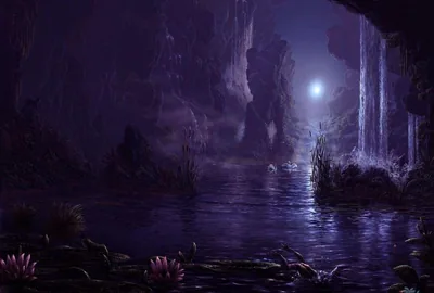 Purple Fantasy Cave with Moonlit Waterfall HD Wallpaper
