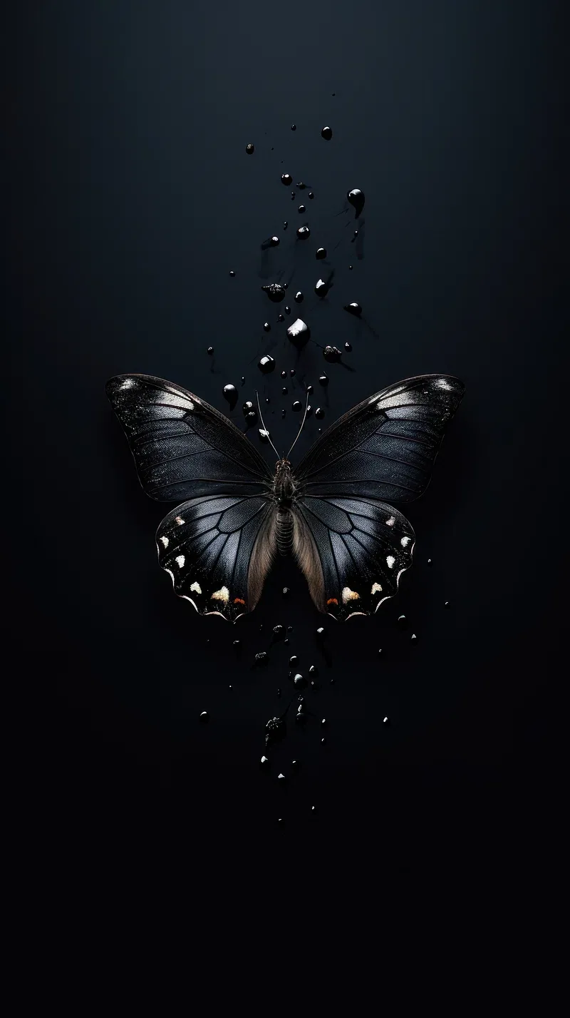 Dusty charcoal wings with pale spotted edges hover mid-frame while scattered droplets glint above and below, the surrounding navy-black sitting almost flat for AMOLED.