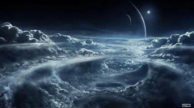 Storm Clouds Beneath a Crescent Planet HD Wallpaper