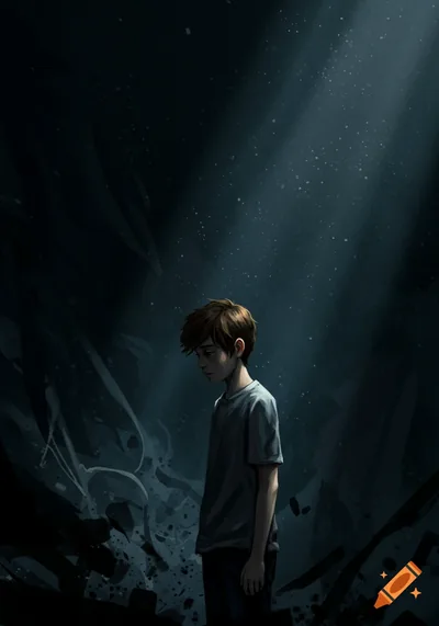 An emotional illustration of a sad young boy standing alone in a dimly