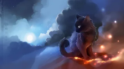 Digital Painting of a Cat on Storm Clouds HD Wallpaper