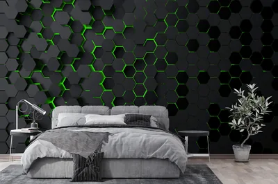 Green-Lit Hexagon Wall Mural HD Wallpaper