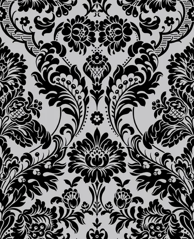 Gothic Damask Flock Black & Silver Wallpaper