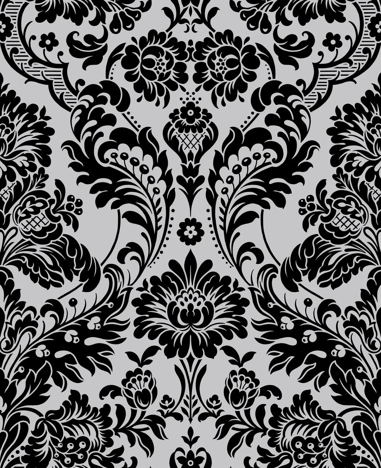 Gothic Damask Flock Black & Silver Wallpaper