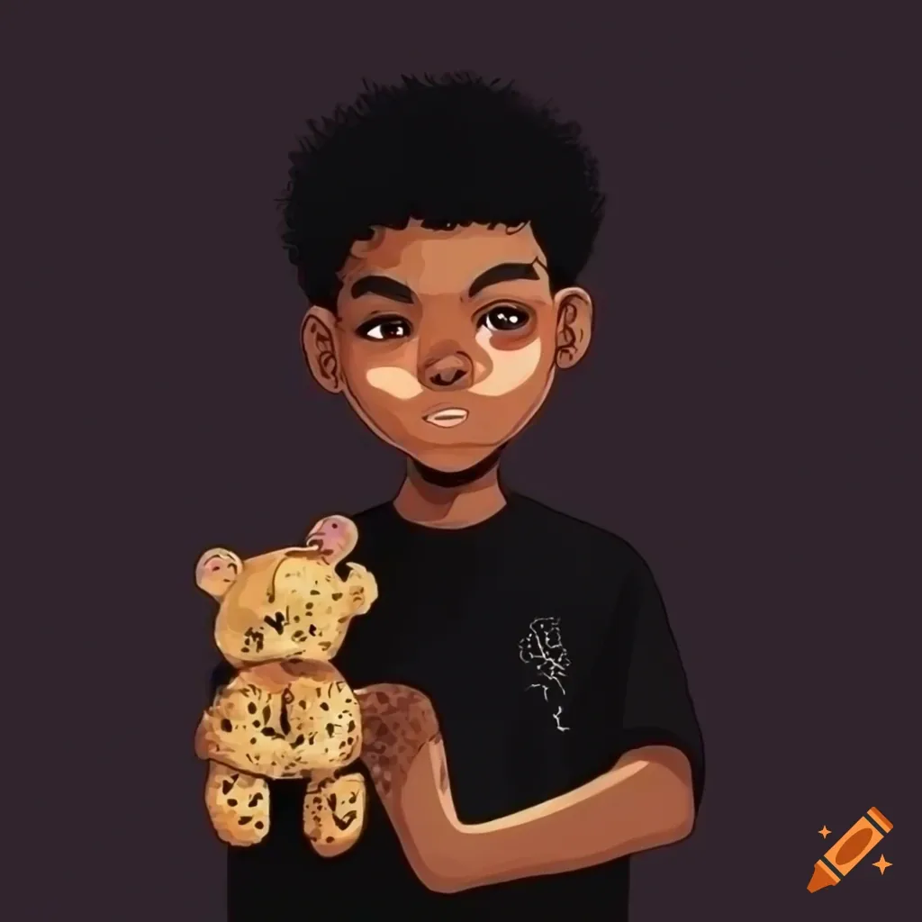 A cartoon boy with an afro and a black tee cradles a worn brown teddy, drawn against a soft muted plum background.