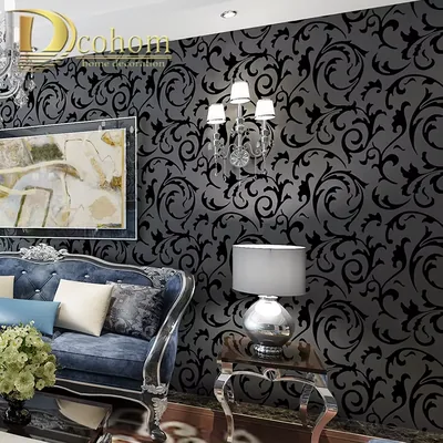 Black And White Damask Wallpaper In Room