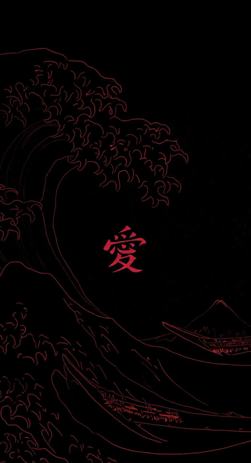Thin scarlet lines trace a breaking wave and the kanji for love on pitch black, a tall AMOLED-friendly frame that stays dark behind lock-screen text.