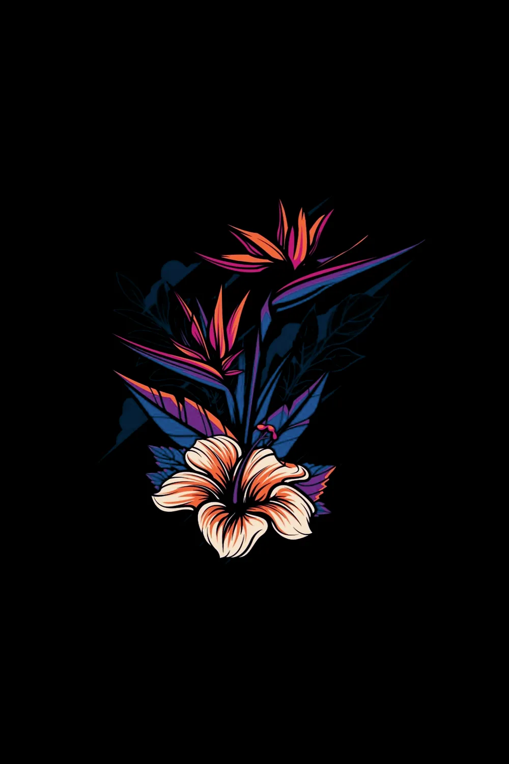 Bird of paradise blooms and a pale hibiscus sit against solid black, their orange and purple leaves fanning out like a cut-paper illustration.