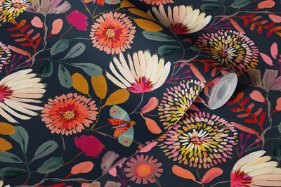 Black Botanical Floral Wallpaper