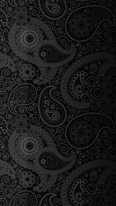Paisley teardrops and ringed medallions tile a tall frame in grey line work over solid black.