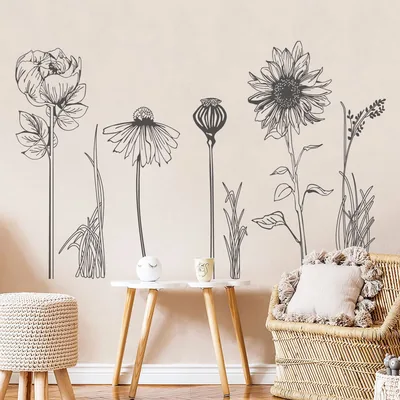 Amazon Black Simple Flower Plant Wall Decals, 2 Sheets Large Boho Floral Modern