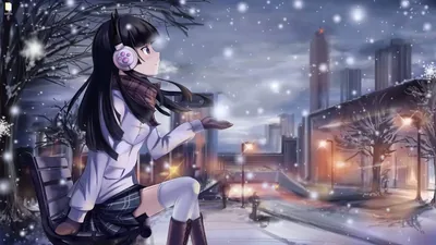 Live wallpaper Black haired anime girl in headphones with ears, snow on VSThem